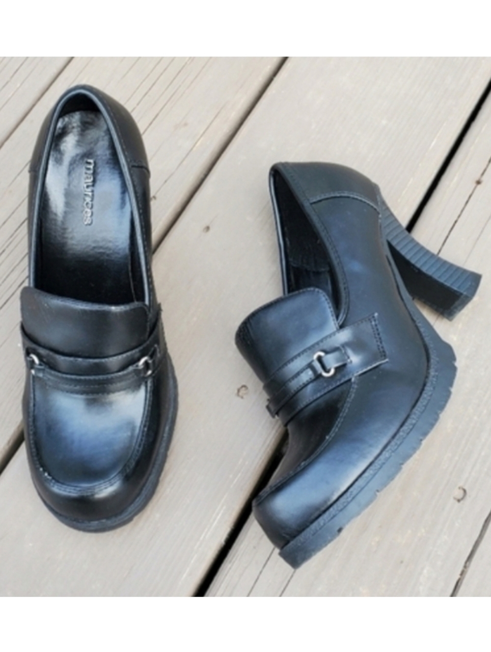 Vintage 90s y2k Bratz Black Faux Vegan Leather Horsebit Vamp Moc Toe Chunky Heel